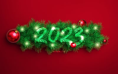 4k, 2023년 새해 복 많이 받으세요, 전나무 크리스마스 장식, 2023년 컨셉, 창의적인, 2023 3d 숫자, 2023 녹색 숫자, 2023 빨간색 배경, 2023년