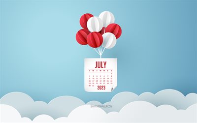 2023 July Calendar, 4k, origami balloons, blue sky, July, 2023 concepts, July 2023 Calendar, paper elements, July Calendar 2023, clouds