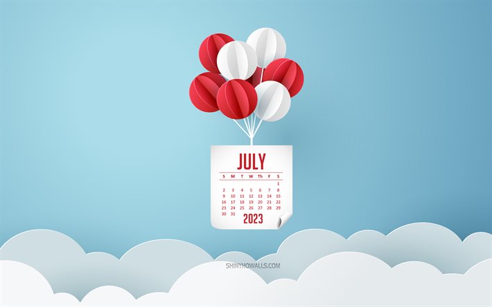 kalender juli 2023, 4k, origami luftballons, blauer himmel, juli, 2023 konzepte, papierelemente, juli kalender 2023, wolken
