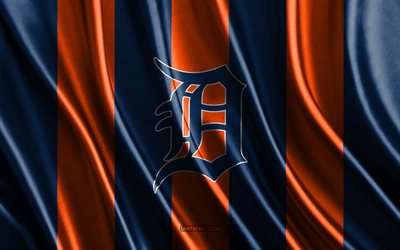 4k, Detroit Tigers, MLB, blue orange silk texture, Detroit Tigers flag, American baseball team, baseball, silk flag, Detroit Tigers emblem, USA, Detroit Tigers badge