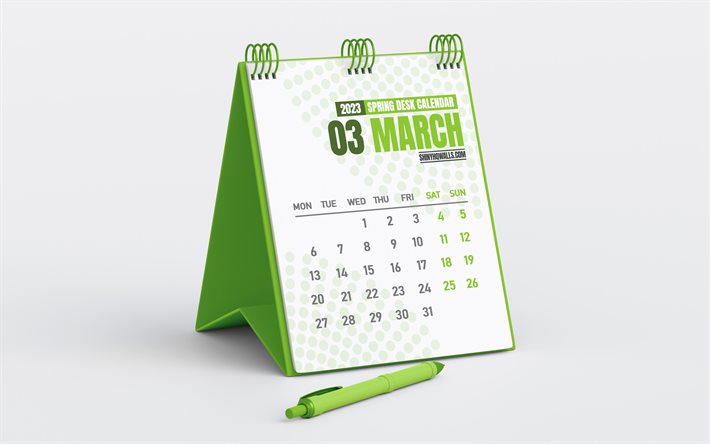 calendário de março de 2023, calendário de mesa verde, minimalismo, marchar, fundo cinza, conceitos de 2023, calendários de primavera, calendário de março de negócios de 2023, calendários de mesa 2023