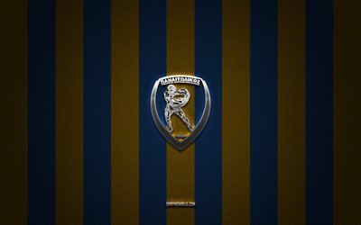 Panetolikos FC logo, Greek football team, Super League Greece, blue yellow carbon background, Panetolikos FC emblem, football, Panetolikos FC, Greece, Panetolikos FC metal logo