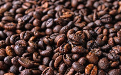 grains de café, 4k, fond avec du café, grains de café torréfiés, texture de café, fond de café, gouttes d'eau, notions de café