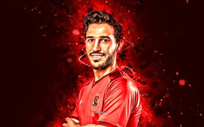 Hamdy Fathy, 4k, red neon lights, Al Ahly SC, Egyptian Premier League, EPL, Egyptian footballers, Hamdy Fathy 4K, red abstract background, football, soccer, Al Ahly FC, Hamdy Fathy Al Ahly