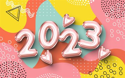 4k, 2023년 새해 복 많이 받으세요, 분홍색 현실적인 풍선, 2023년 컨셉, 2023 풍선 숫자, 창의적인, 2023 화려한 배경, 2023년, 2023 3d 숫자