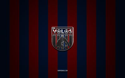 Volos FC logo, Greek football team, Super League Greece, blue red carbon background, Volos FC emblem, football, Volos FC, Greece, Volos FC metal logo
