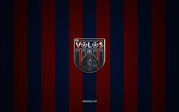 Volos FC logo, Greek football team, Super League Greece, blue red carbon background, Volos FC emblem, football, Volos FC, Greece, Volos FC metal logo