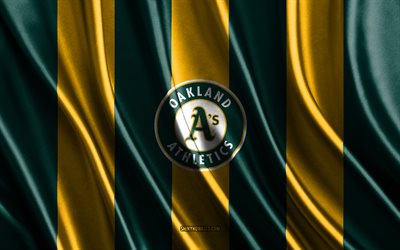 4k, Oakland Athletics, MLB, green yellow silk texture, Oakland Athletics flag, American baseball team, baseball, silk flag, New York Mets emblem, USA, Oakland Athletics badge