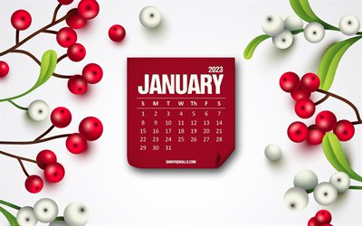 calendario gennaio 2023, 4k, sfondo bianco, bacche rosse, gennaio, concetti del 2023, sfondo invernale, arte creativa