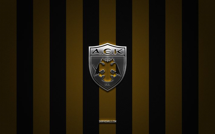logo aek athènes fc, équipe grecque de football, super league grèce, fond de carbone jaune noir, emblème aek athènes fc, football, aek athènes fc, grèce, logo en métal aek athènes fc