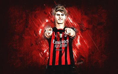 Charles De Ketelaere, AC Milan, Belgian football player, midfielder, portrait, Serie A, red stone background, Italy, football