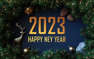 4k, bonne année 2023, chiffres d'or, cadres en sapin, concepts 2023, décorations de noël, joyeux noël, 2023 chiffres d'or, créatif, 2023 année, 2023 fond bleu