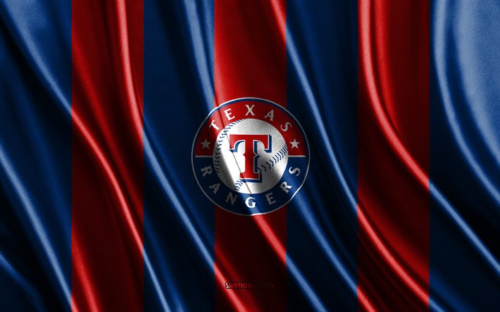 4k, テキサス・レンジャーズ, mlb, 青赤絹のテクスチャ, テキサスレンジャーズの旗, アメリカの野球チーム, 野球, 絹の旗, テキサス・レンジャーズのエンブレム, アメリカ合衆国, テキサス・レンジャーズのバッジ