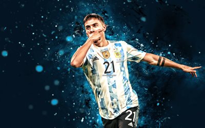 Paulo Dybala, 4k, 2022, blue neon lights, Argentina National Football Team, soccer, footballers, blue abstract background, Argentinean football team, Paulo Dybala 4K