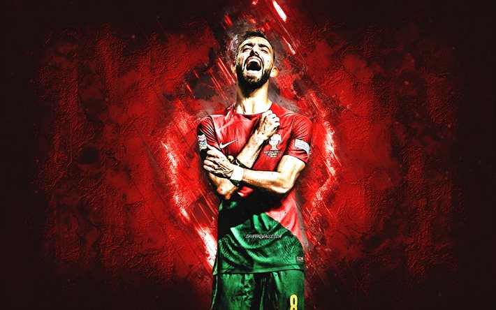Bruno Fernandes, Portugal national football team, Portuguese football player, midfielder, portrait, red stone background, Portugal, football