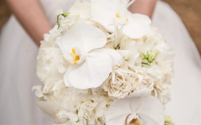 4k, orquídeas brancas, buquê de noiva, flores brancas, noiva, orquídeas, lindas flores, casamento