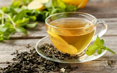 4k, taza de té, té verde, hojas de té, té con limón, fiesta del té, conceptos de té, té