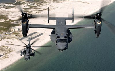 bell v-22 osprey, amerikanischer tiltrotor, us navy, sikorsky mh-53j pave low, amerikanischer hubschrauber, amerikanisches kampfflugzeug, usa, mh-53j, v-22 osprey