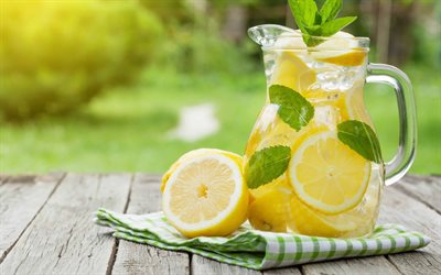 pitcher of lemonade, lemons, summer drinks, lemonade, lemonade glass, citruses, mint