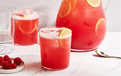 raspberry lemonade, 4k, jug of lemonade, red lemonade, raspberry, lemonade, summer drinks, lemonade with berries