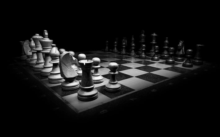 chessboard, 4k, darkness, chess game, monochrome, chess pieces, picture with chess, grandmasters, chess
