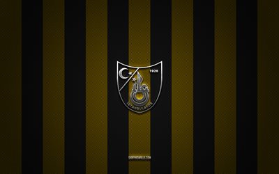 Istanbulspor logo, turkish football clubs, Super Lig, yellow black carbon background, Istanbulspor emblem, football, Istanbulspor silver metal logo, soccer, Istanbulspor FC