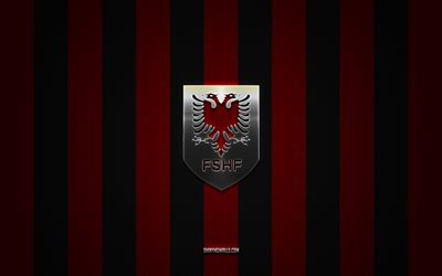 Albania national football team logo, UEFA, Europe, red black carbon background, Albania national football team emblem, football, Albania national football team, Albania