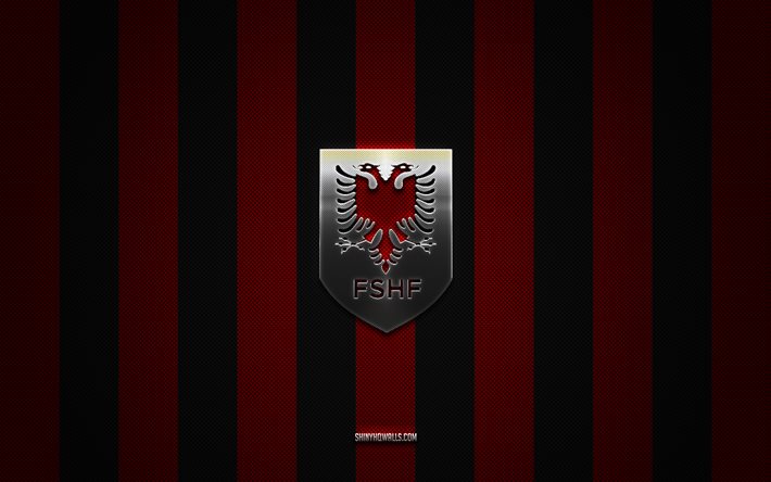Albania national football team logo, UEFA, Europe, red black carbon background, Albania national football team emblem, football, Albania national football team, Albania
