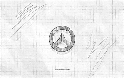 Overwatch sketch logo, 4K, checkered paper background, Overwatch black logo, games brands, logo sketches, Overwatch logo, pencil drawing, Overwatch
