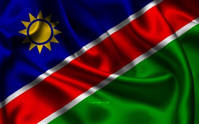 drapeau de la namibie, 4k, les pays africains, les drapeaux de satin, le drapeau de la namibie, le jour de la namibie, les drapeaux ondulés de satin, le drapeau namibien, les symboles nationaux namibiens, l afrique, la namibie