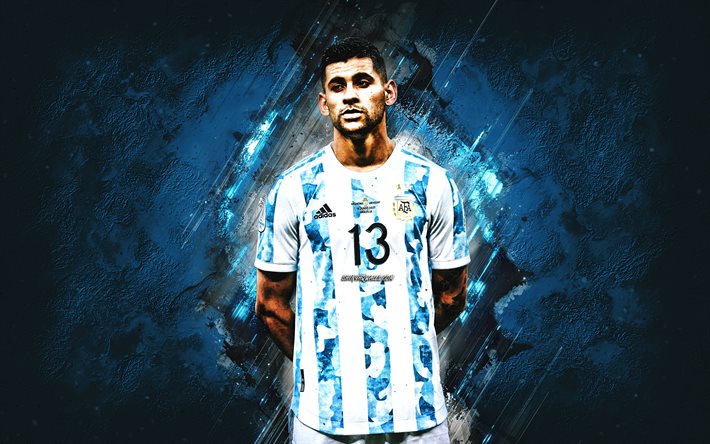 クリスチャン・ロメロ, サッカー アルゼンチン代表, アルゼンチンのサッカー選手, 青い石の背景, アルゼンチン, フットボール