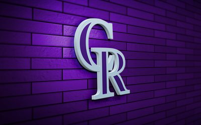logotipo 3d de colorado rockies, 4k, pared de ladrillo violeta, mlb, béisbol, logotipo de colorado rockies, equipo de béisbol estadounidense, logotipo deportivo, colorado rockies