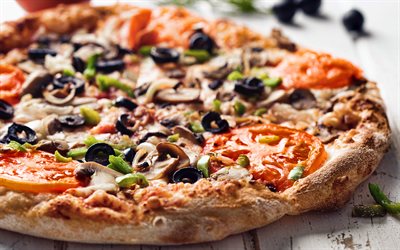 pizza aux champignons, 4k, de la nourriture délicieuse, de délicieuses pizzas, boulangerie, pizza, champignons, restauration rapide