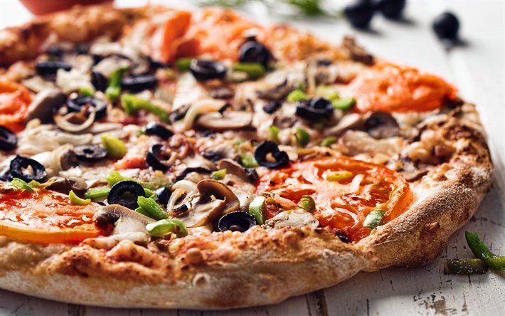 pizza with mushrooms, 4k, delicious food, delicious pizza, bakery, pizza, mushrooms, fast food