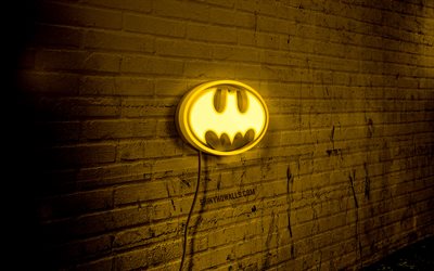 logotipo de neón de batman, 4k, pared de ladrillo negro, arte grunge, creativo, superhéroes, logotipo en el cable, logotipo amarillo de batman, logotipo de batman, obras de arte, batman