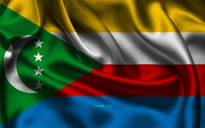 Comoros flag, 4K, African countries, satin flags, flag of Comoros, Day of Comoros, wavy satin flags, Comoros national symbols, Africa, Comoros