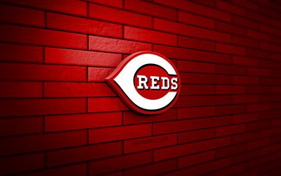 cincinnati reds logo 3d, 4k, muro di mattoni rossi, mlb, baseball, logo cincinnati reds, squadra di baseball americana, logo sportivo, cincinnati reds