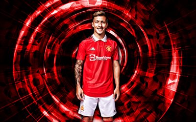 Lisandro Martinez, 4k, Manchester United FC, red abstract background, Premier League, soccer, argentinean footballers, Lisandro Martinez 4K, abstract rays, football, Lisandro Martinez Manchester United, Man United
