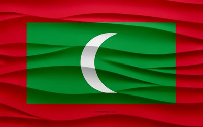 4k, le drapeau des maldives, les vagues 3d fond de plâtre, la texture des vagues 3d, les symboles nationaux des maldives, le jour des maldives, les pays d asie, le drapeau des maldives 3d, les maldives, l asie