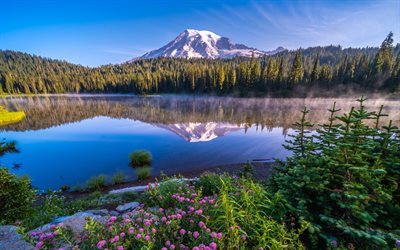 Mount Rainier, 4k, volcano, american landmarks, lakes, morning, Mount Rainier National Park, Washington, USA, America, beautiful nature, mountains