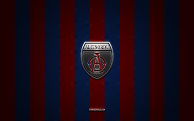 logo altinordu fk, clubs de football turcs, tff first league, fond rouge bleu carbone, 1 lig, emblème altinordu fk, football, logo en métal argenté altinordu fk, altinordu fc