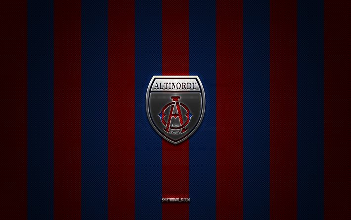 logo altinordu fk, clubs de football turcs, tff first league, fond rouge bleu carbone, 1 lig, emblème altinordu fk, football, logo en métal argenté altinordu fk, altinordu fc