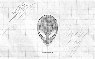 alienware sketch logo, 4k, papel quadriculado de fundo, alienware black logo, marcas, esboços de logotipos, alienware logo, desenho a lápis, alienware