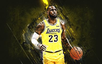 LeBron James, Los Angeles Lakers, NBA, american basketball player, stone background yellow, LeBron Raymone James Sr, basketball
