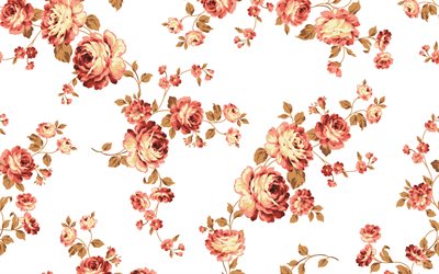 レトロなバラのテクスチャー, 4k, バラのシームレスなテクスチャ, レトロなバラの背景, 赤いバラ, 花のテクスチャ, バラと白い背景