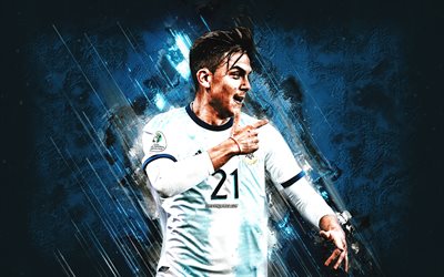 paulo dybala, equipo nacional de fútbol de argentina, retrato, jugador de fútbol argentino, fondo de piedra azul, fútbol, argentina