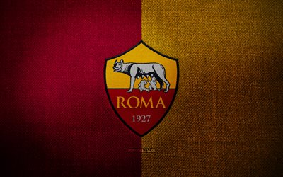 insigne de l as roma, 4k, fond de tissu jaune violet, serie a, le logo de l as roma, l emblème de l as roma, le logo du sport, le club de football italien, l as roma, le soccer, le football, le roma fc