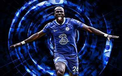 Kalidou Koulibaly, 4k, Chelsea FC, blue abstract background, Premier League, soccer, french footballers, Kalidou Koulibaly 4K, abstract rays, football, Kalidou Koulibaly Chelsea