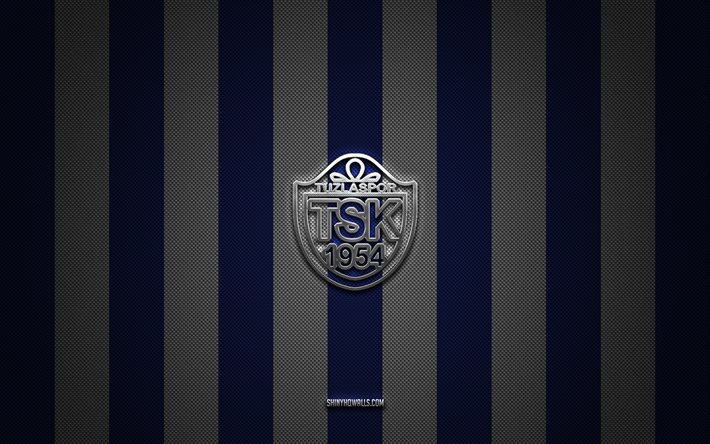 logotipo de tuzlaspor, clubes de fútbol turcos, tff first league, fondo de carbono blanco azul, 1 lig, emblema de tuzlaspor, fútbol, logotipo de metal plateado de tuzlaspor, tuzlaspor fc