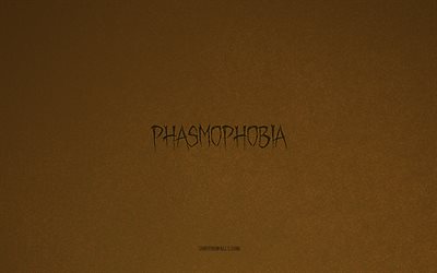 phasmophobia のロゴ, 4k, ゲームのロゴ, phasmophobia エンブレム, 茶色の石のテクスチャ, 毒物恐怖症, ゲームブランド, phasmophobia サイン, 茶色の石の背景